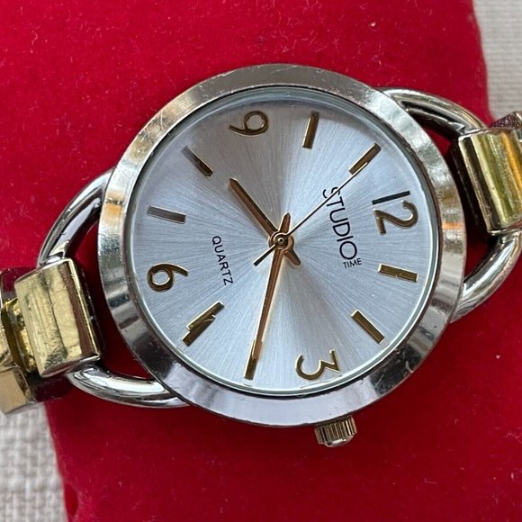 Studio Time Women Wristwatch Quartz Analog Watch Gold/Silver Tone Cuff Band - Picture 2 of 9